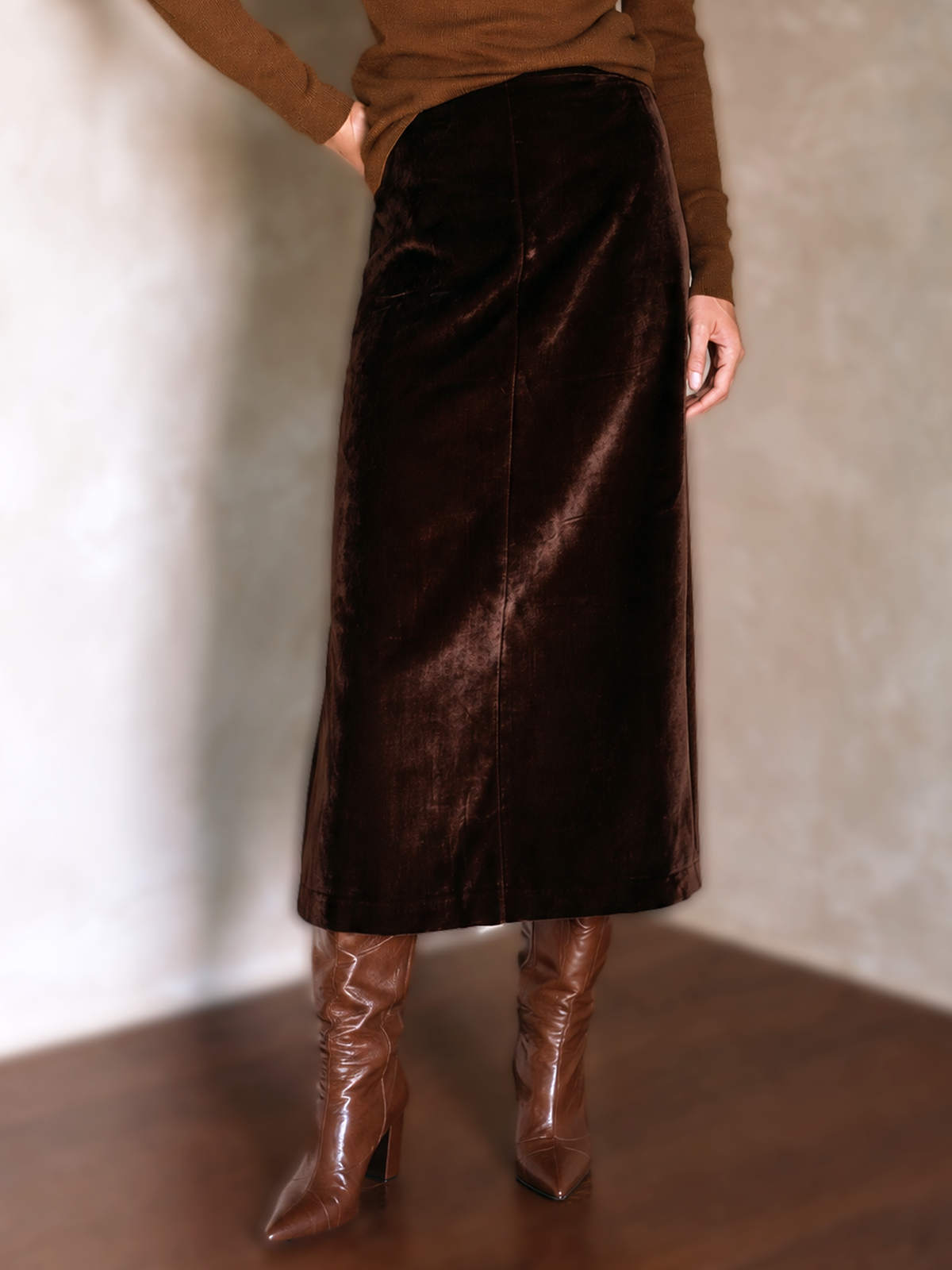 Women's Vintage Turtleneck Sweater And Velvet Skirt Set