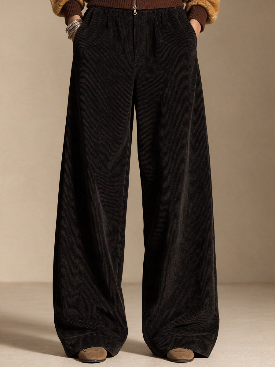 Women's Solid High-Waist Corduroy Wide-Leg Pants
