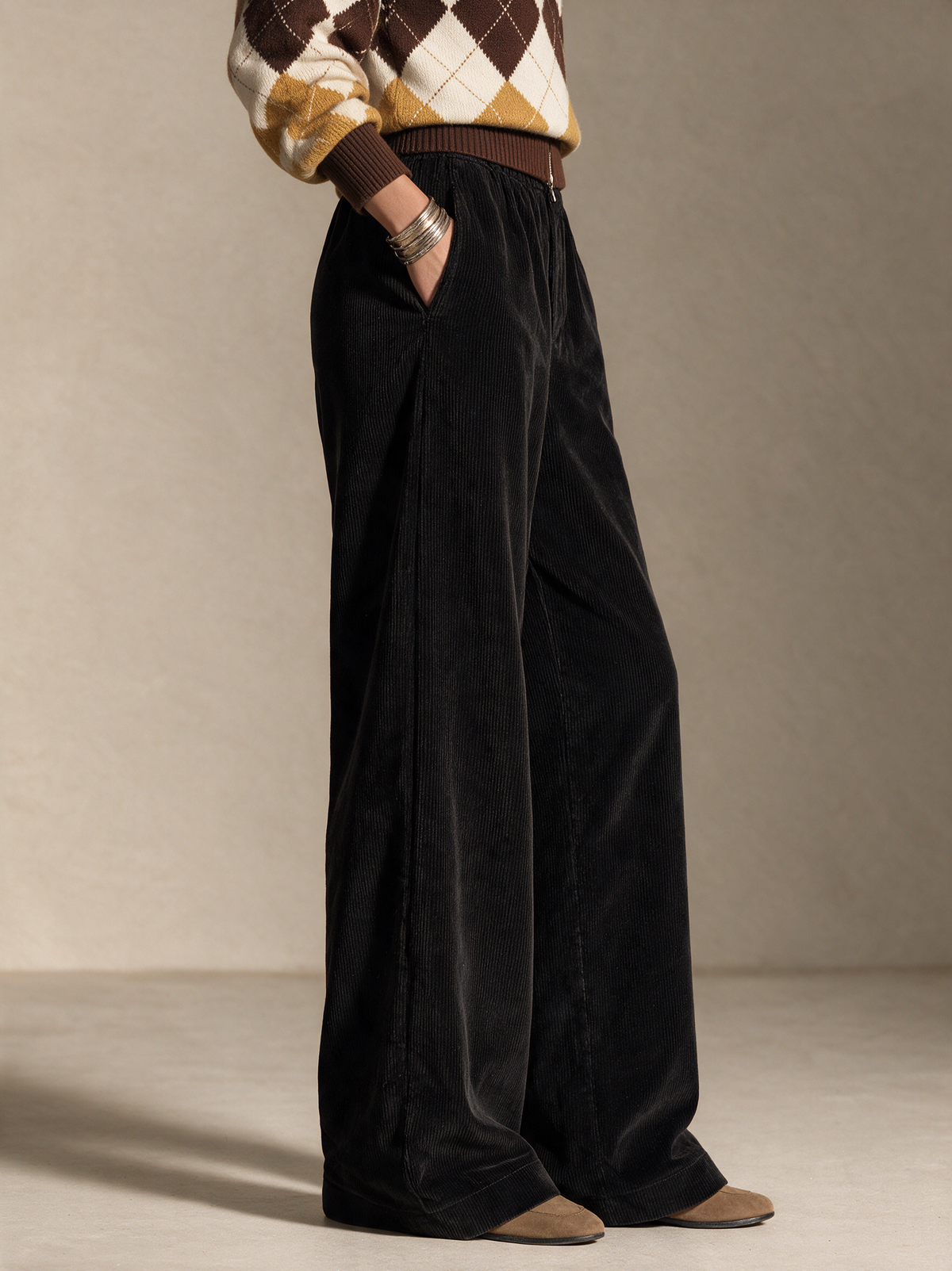 Women's Solid High-Waist Corduroy Wide-Leg Pants