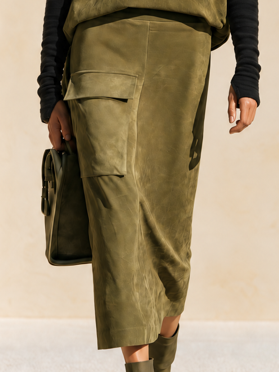 Women's Utility Cargo Pocket Suede Olive Midi Set