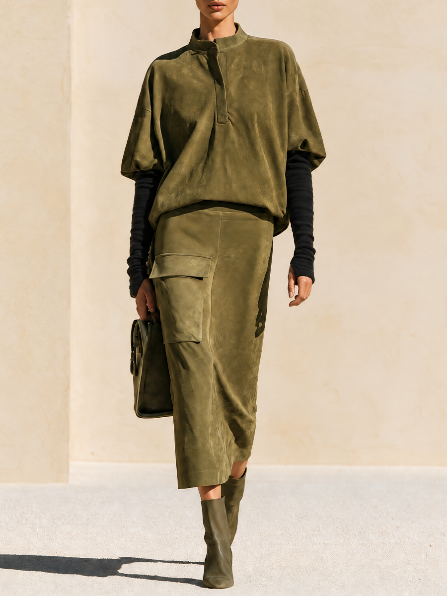 Women's Utility Cargo Pocket Suede Olive Midi Set