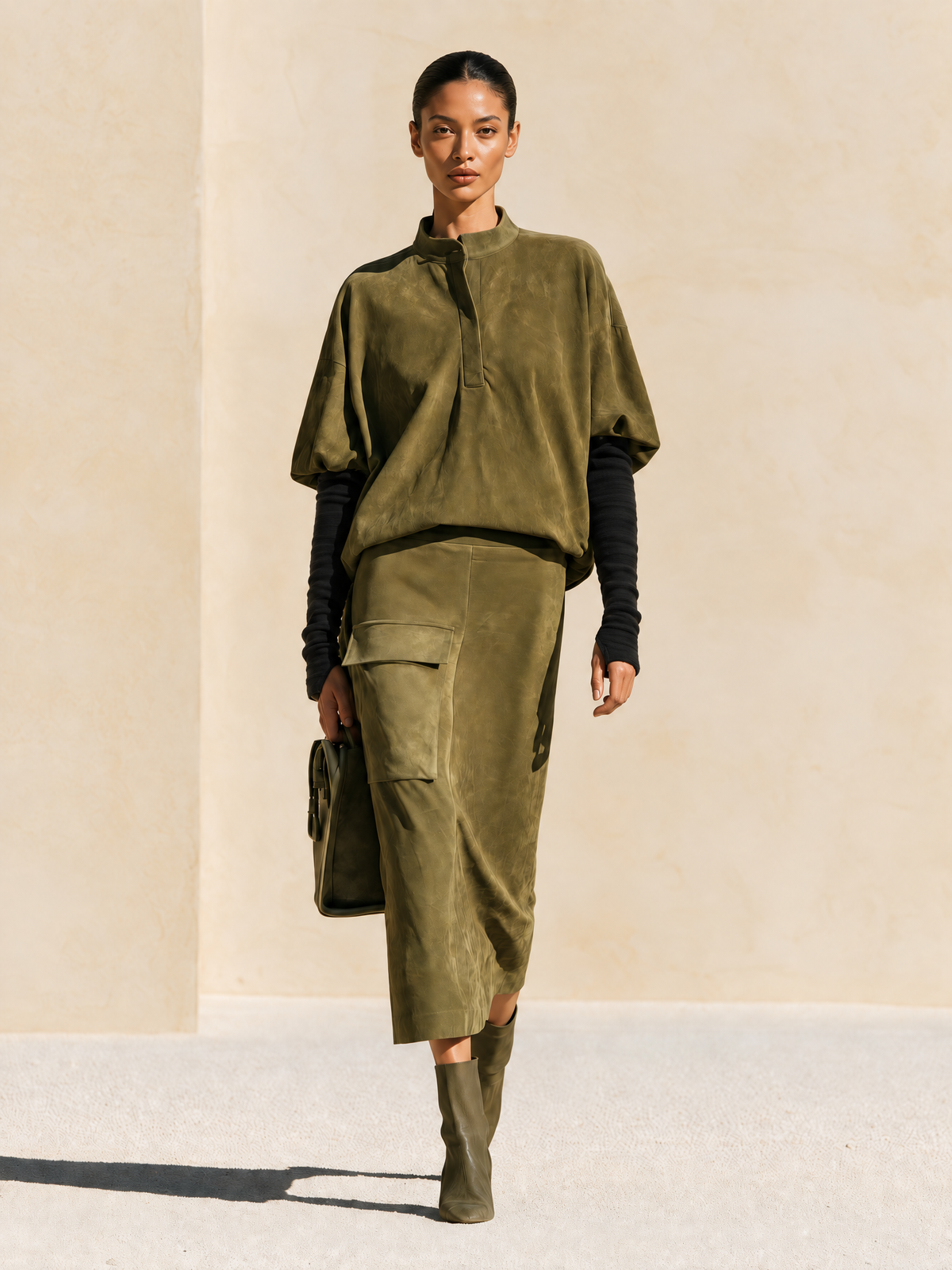 Women's Utility Cargo Pocket Suede Olive Midi Set