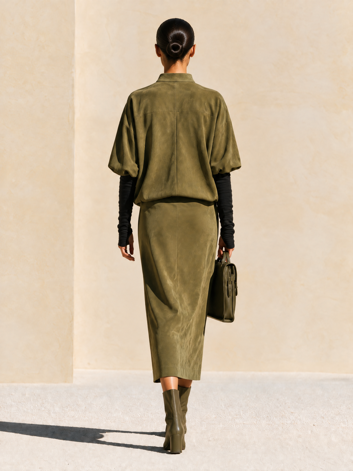 Women's Utility Cargo Pocket Suede Olive Midi Set