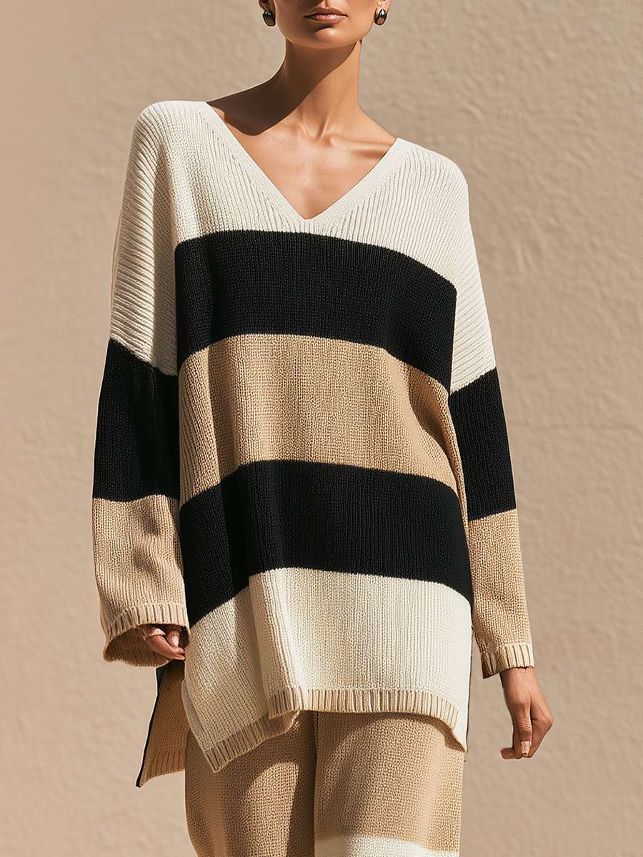 Women's Colorblock Oversized Sweater Wide-Leg Pants Set