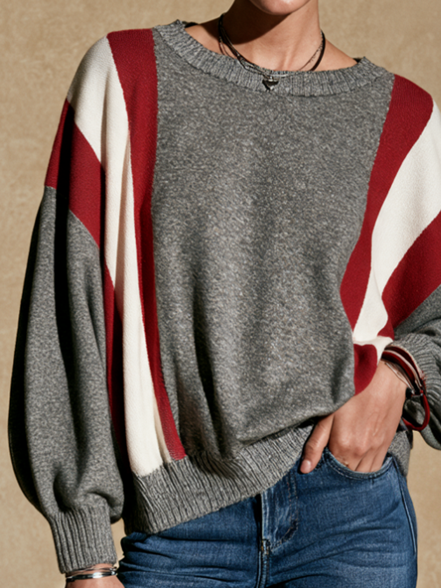 Women's Contrast Stripe Casual Round Neck Sweater