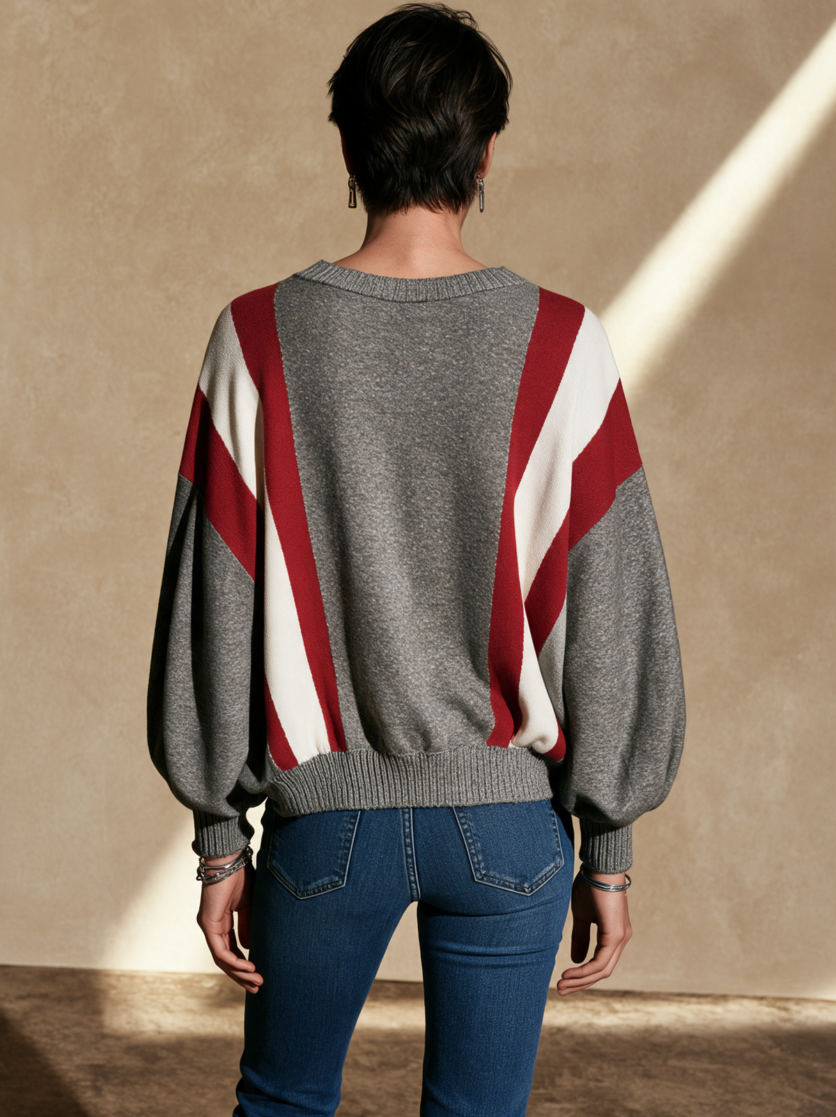 Women's Contrast Stripe Casual Round Neck Sweater