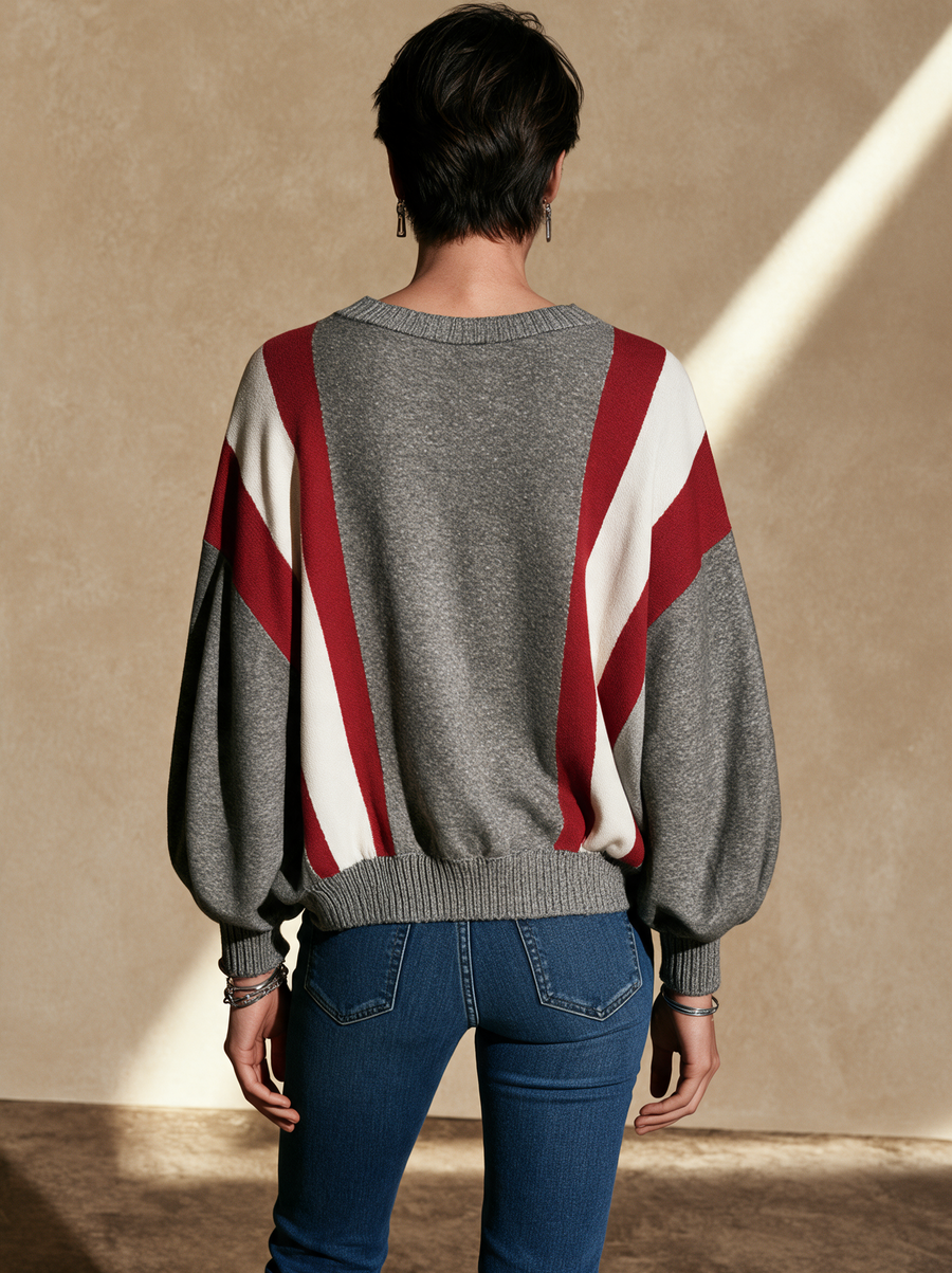 Women's Contrast Stripe Casual Round Neck Sweater