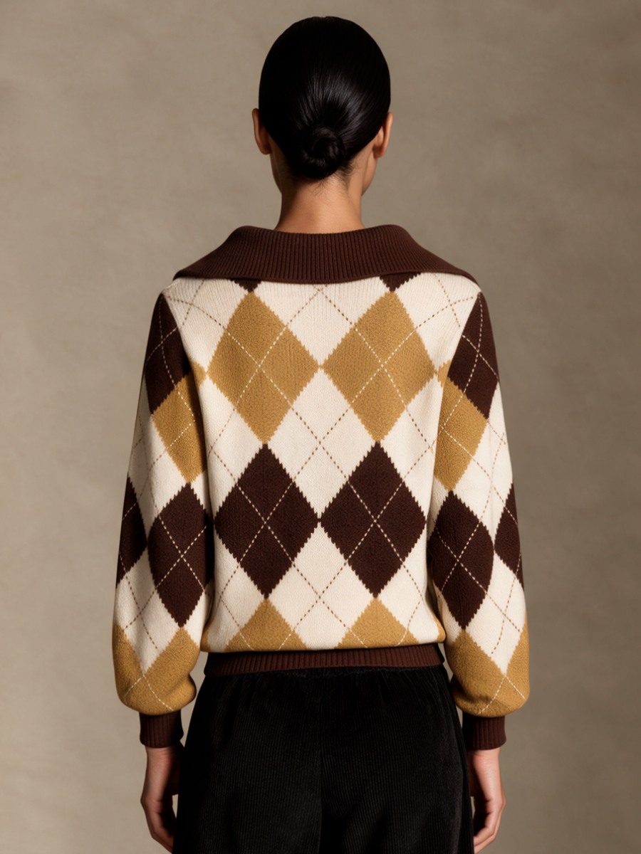 Women's Argyle Retro Lapel Zip Cardigan