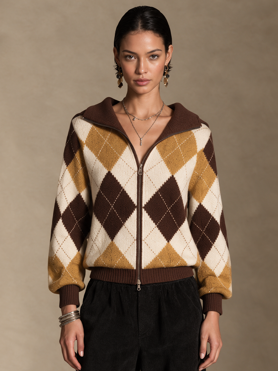 Women's Argyle Retro Lapel Zip Cardigan
