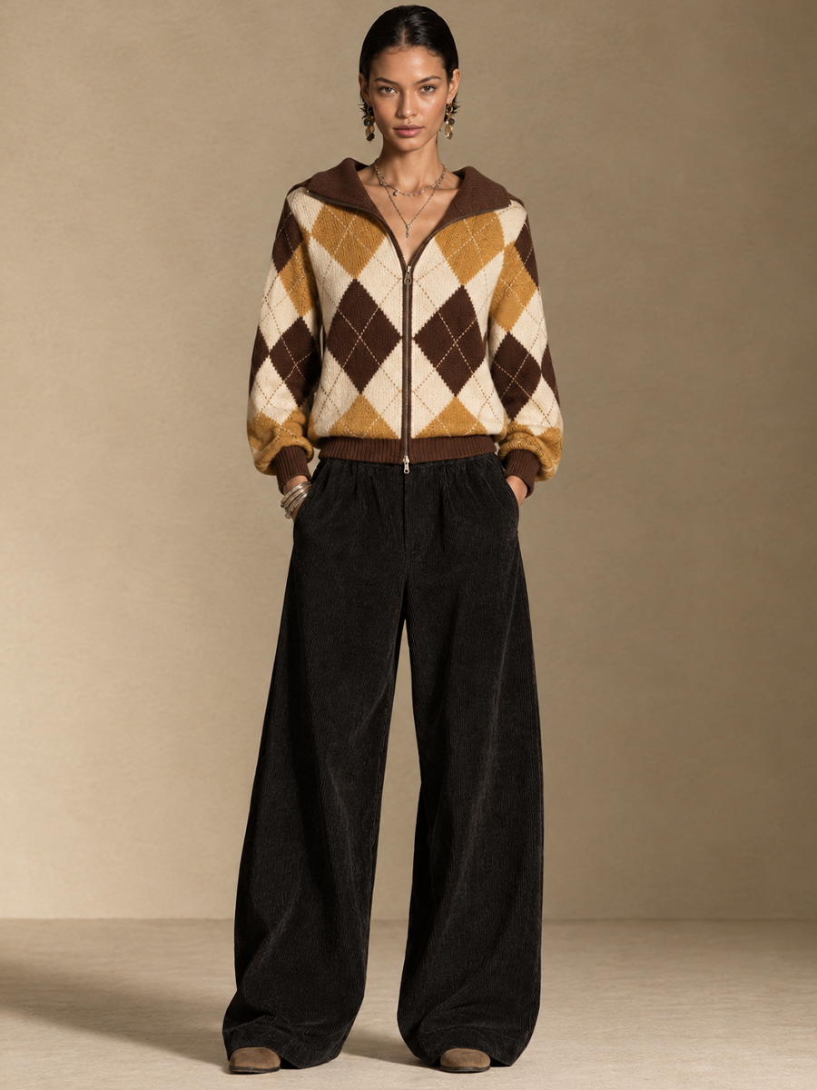 Women's Argyle Retro Lapel Zip Cardigan