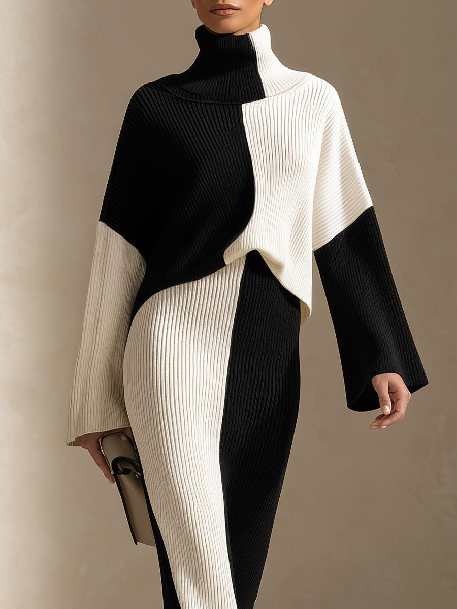 Women's Colorblock Ribbed Knit Black White Maxi Set