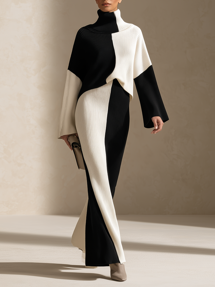 Women's Colorblock Ribbed Knit Black White Maxi Set