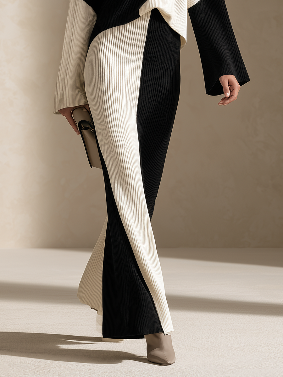 Women's Colorblock Ribbed Knit Black White Maxi Set