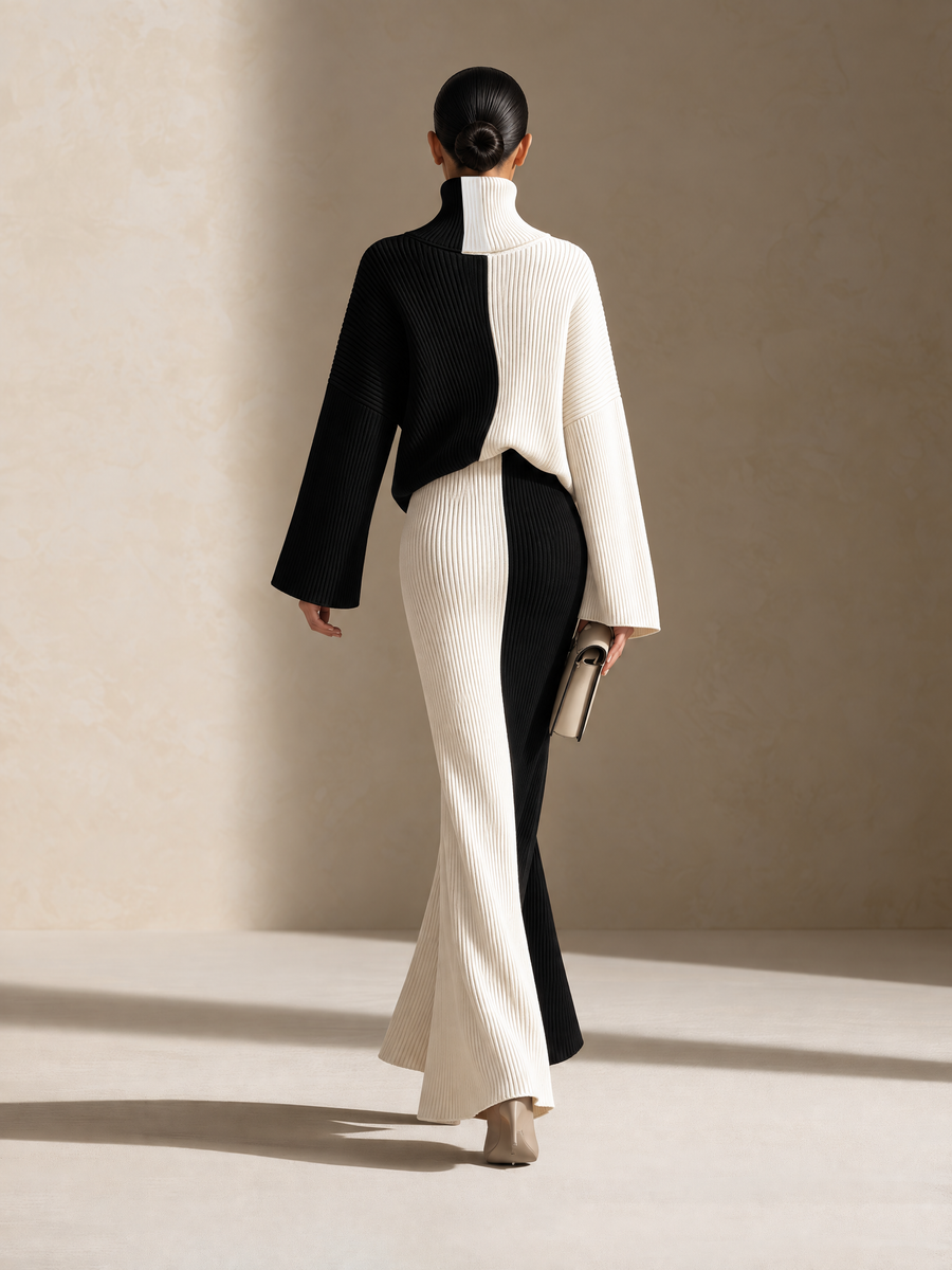 Women's Colorblock Ribbed Knit Black White Maxi Set