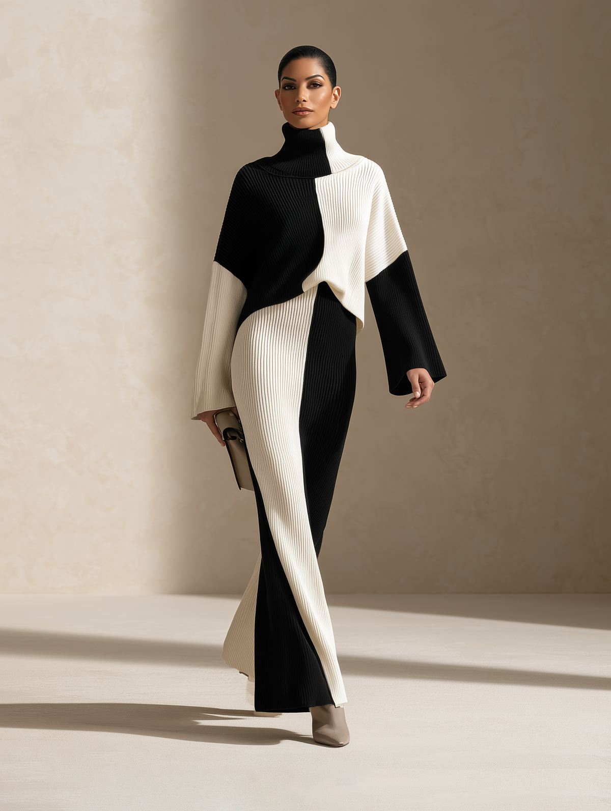 Women's Colorblock Ribbed Knit Black White Maxi Set