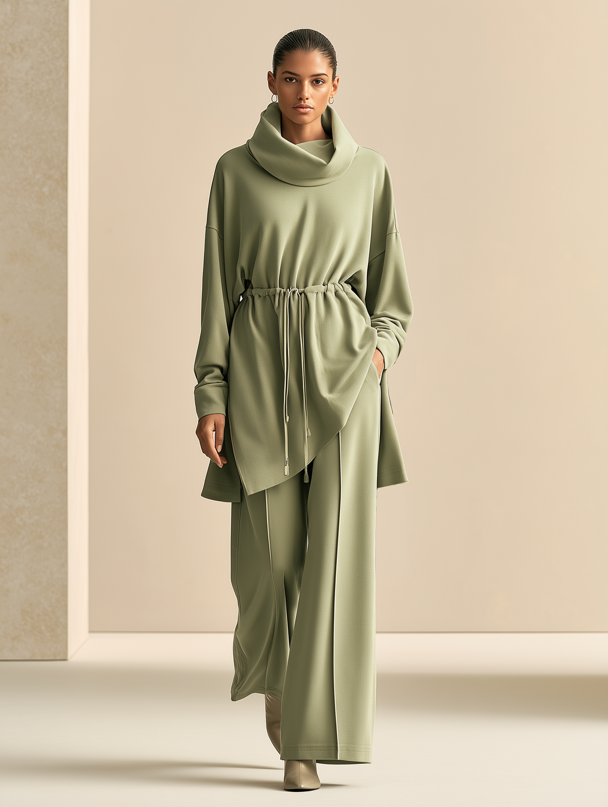Women's Cowl Neck Drawstring Sage Green Set