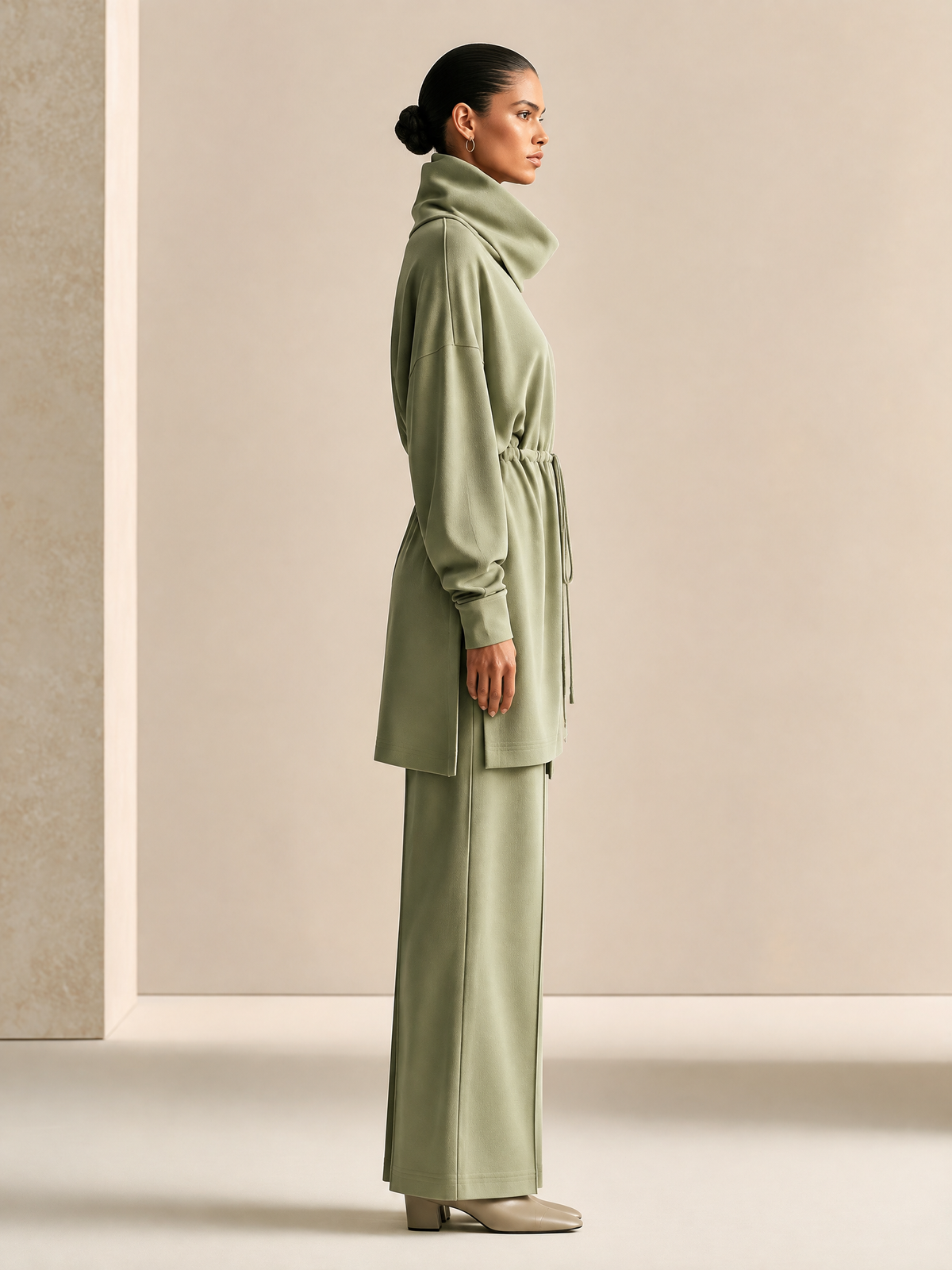 Women's Cowl Neck Drawstring Sage Green Set