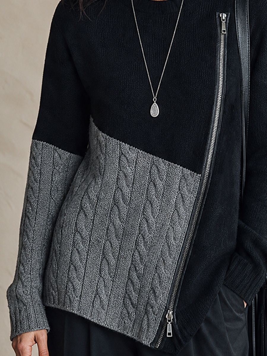 Women's Color-Blocked Asymmetric Zip Knit Cardigan
