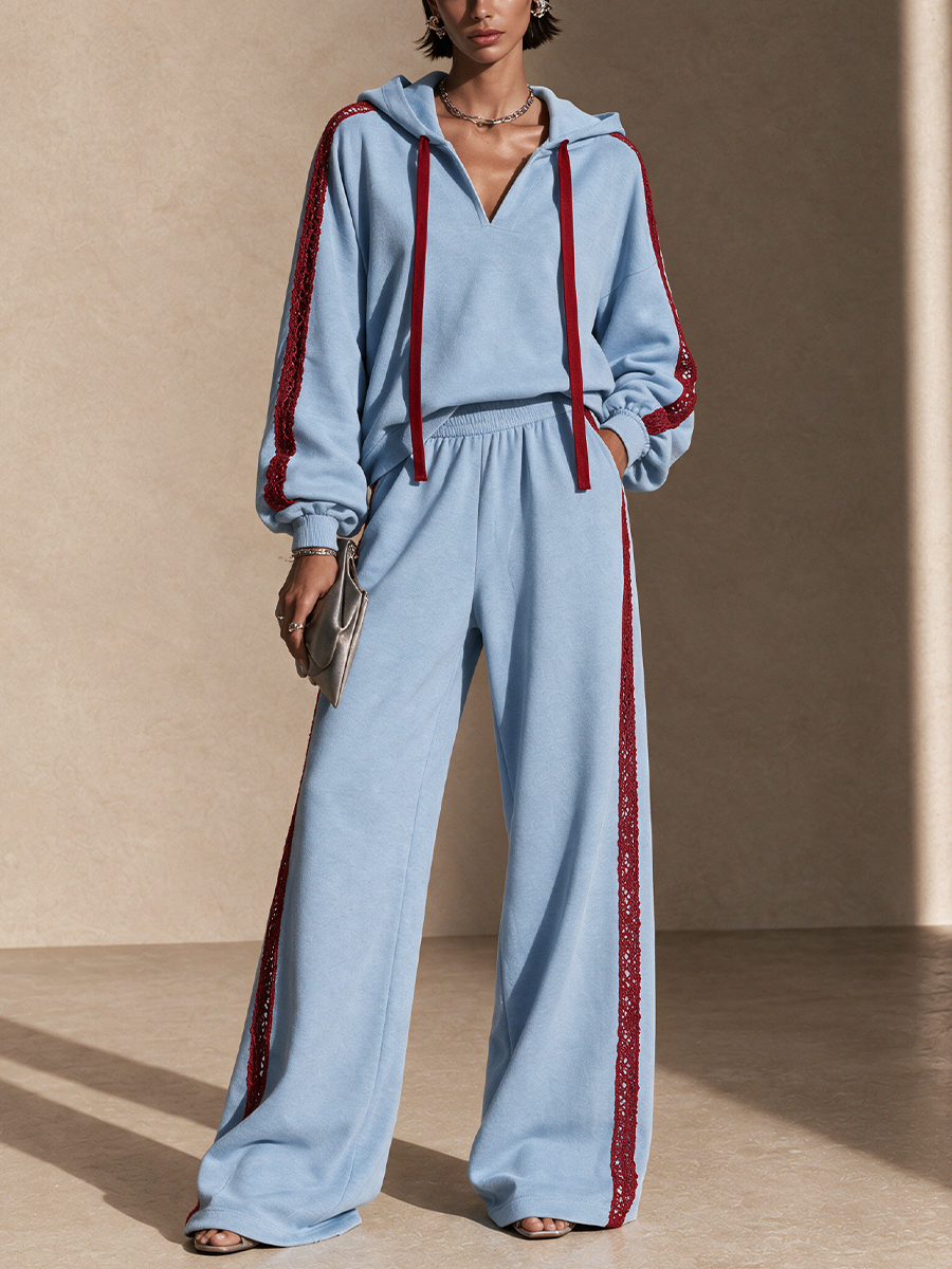 Women's Contrast Lace Trim Casual Hoodie Set