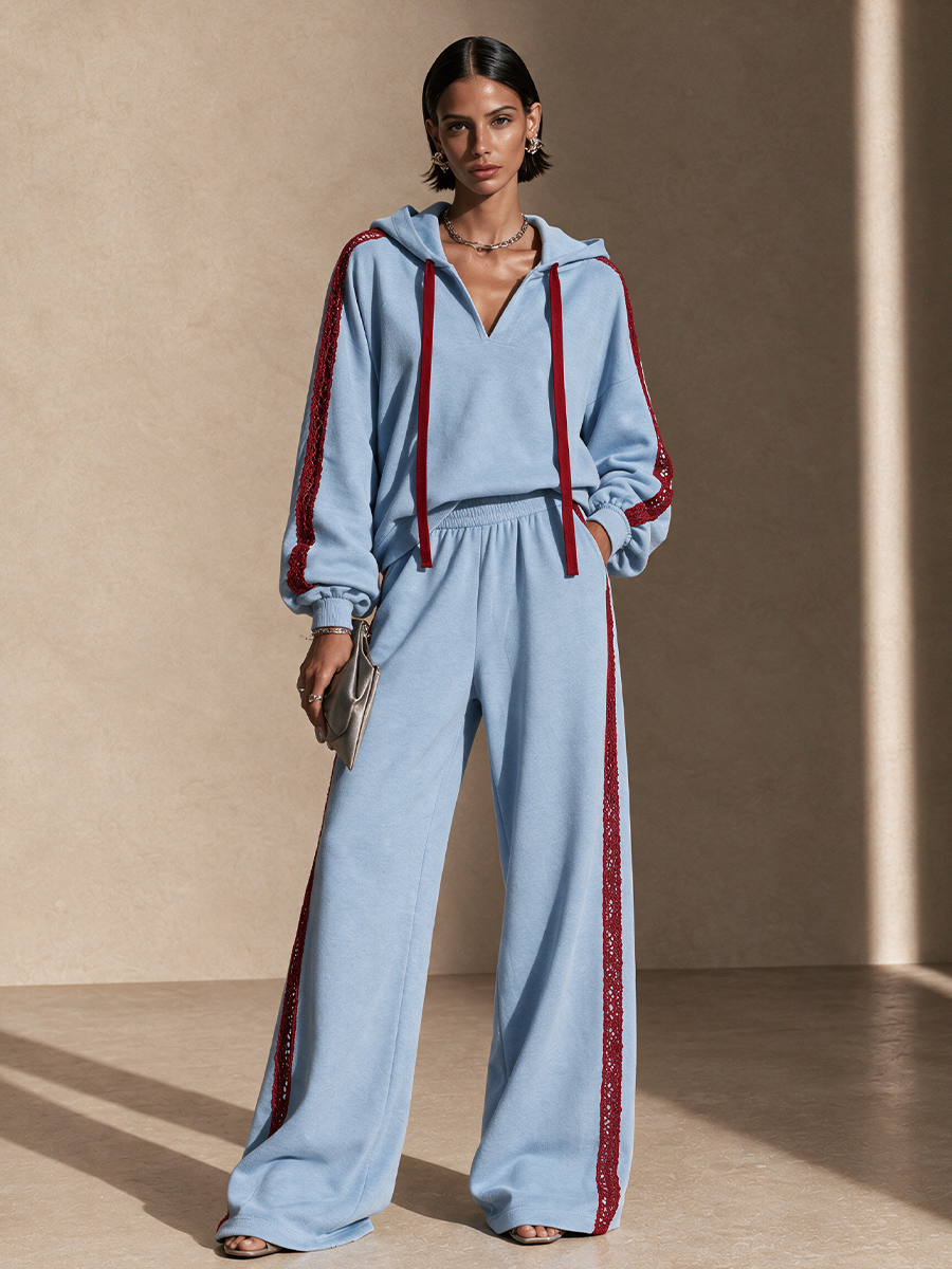 Women's Contrast Lace Trim Casual Hoodie Set