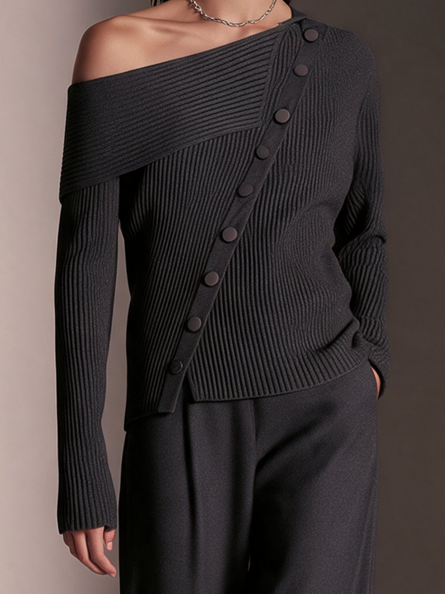 Women's Dark Grey Diagonal‑Button Off‑Shoulder Long‑Sleeve Knit Top