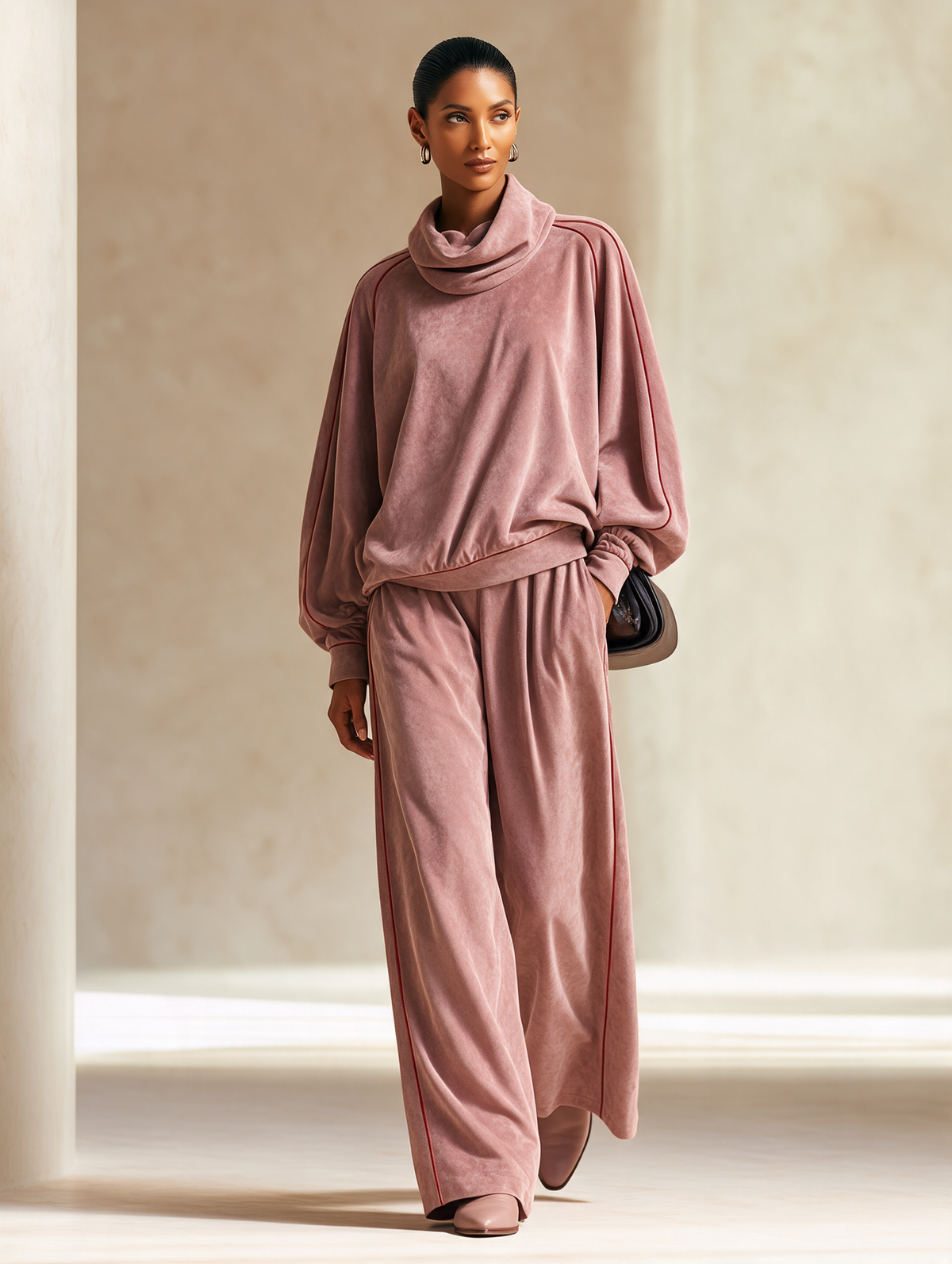 Women's Velour Cowl Neck Pullover & Wide Leg Pants Two Piece Set