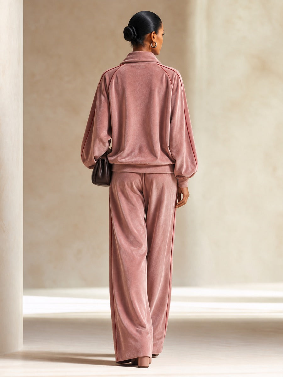 Women's Velour Cowl Neck Pullover & Wide Leg Pants Two Piece Set
