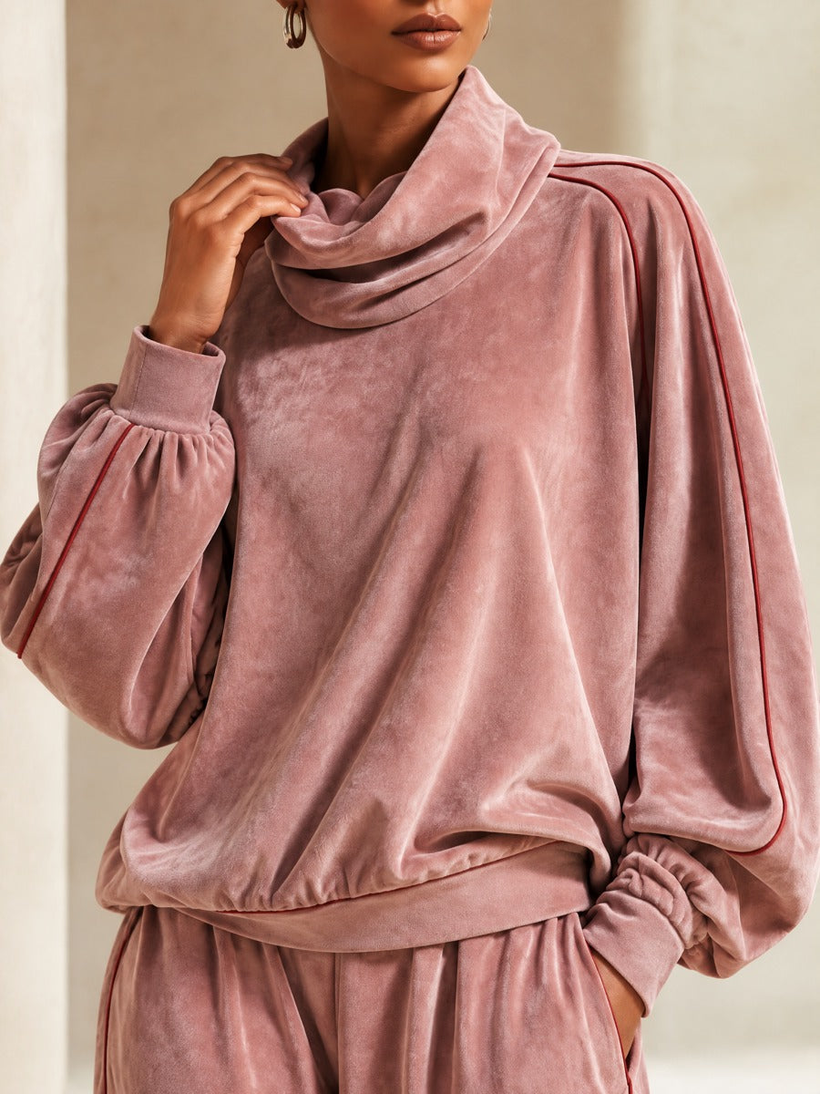 Women's Velour Cowl Neck Pullover & Wide Leg Pants Two Piece Set