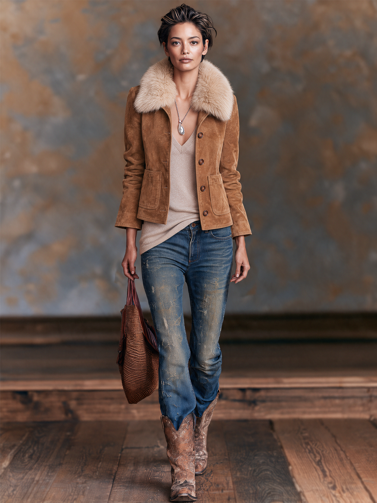 Women's Vintage-Style Suede Jacket (Detachable Fur Collar)