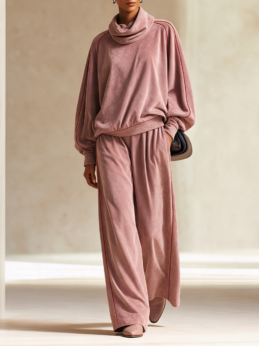 Women's Velour Cowl Neck Pullover & Wide Leg Pants Two Piece Set
