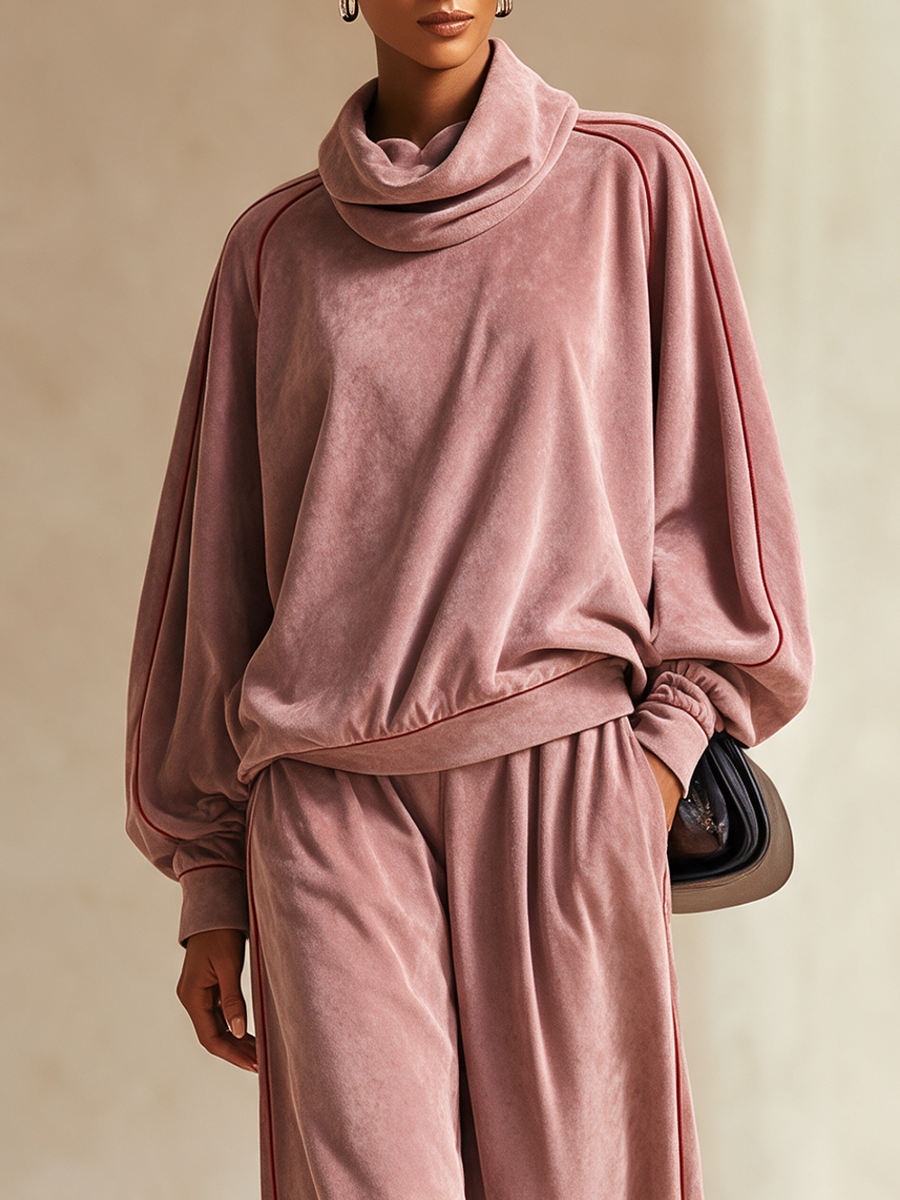 Women's Velour Cowl Neck Pullover & Wide Leg Pants Two Piece Set