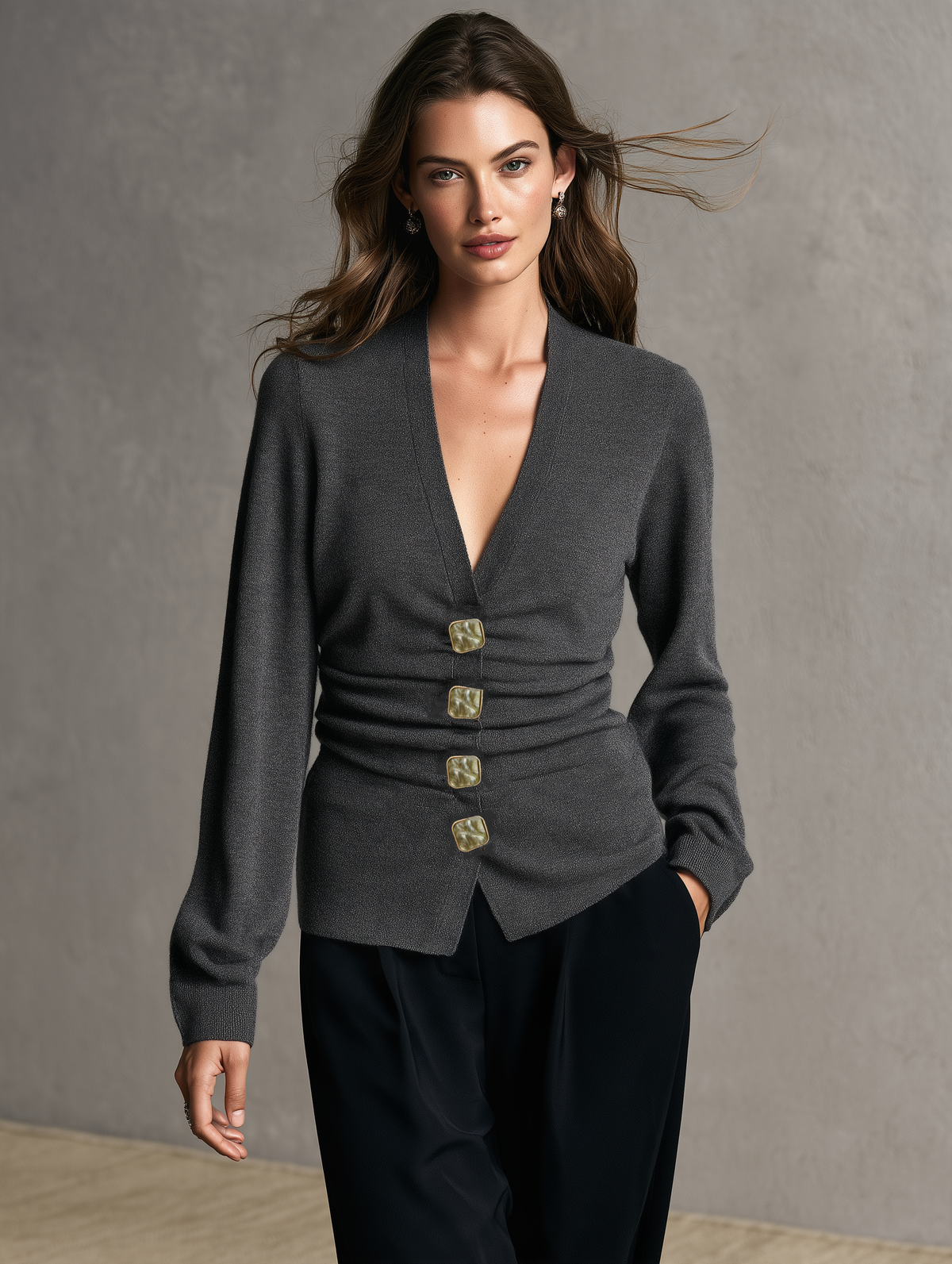 Women's Versatile Grey Stretch Knit Long-Sleeve Cardigan