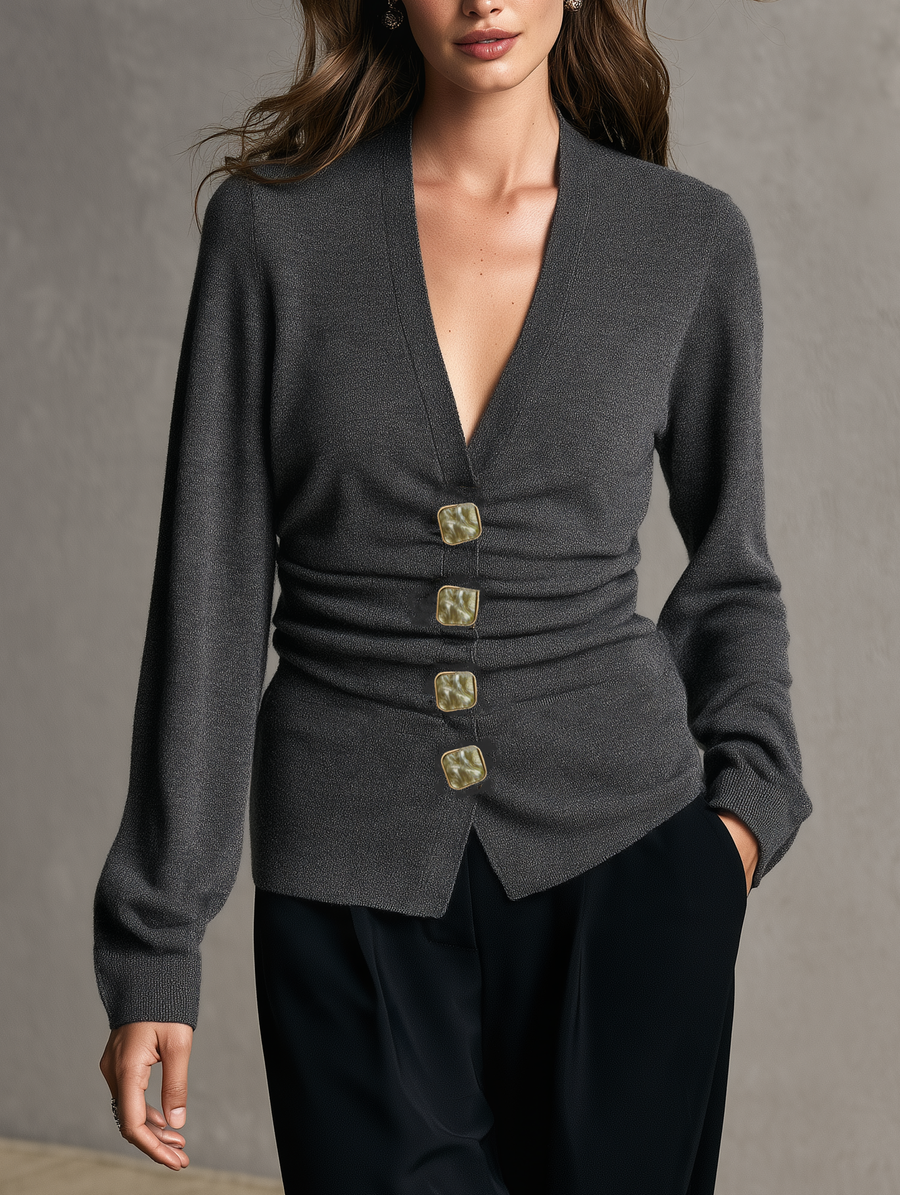 Women's Versatile Grey Stretch Knit Long-Sleeve Cardigan