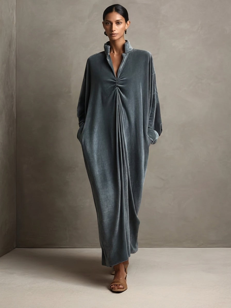 Women's Dusty Blue Stand‑Collared Twist‑Knot Oversized Velvet Maxi Dress MDZ0335I5R
