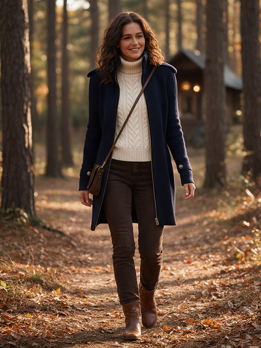Women's Vintage Ribbed Cardigan With Zipper And Epaulets