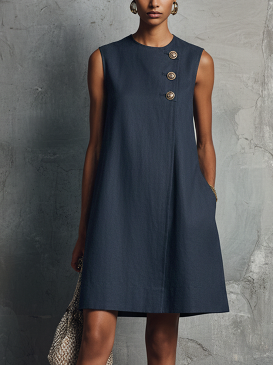 Women's Minimalist Commuter Style Navy Blue Linen Round Neck Asymmetric Buttons Side Pocket Sleeveless Mini Dress MDZ0395F6GMJ