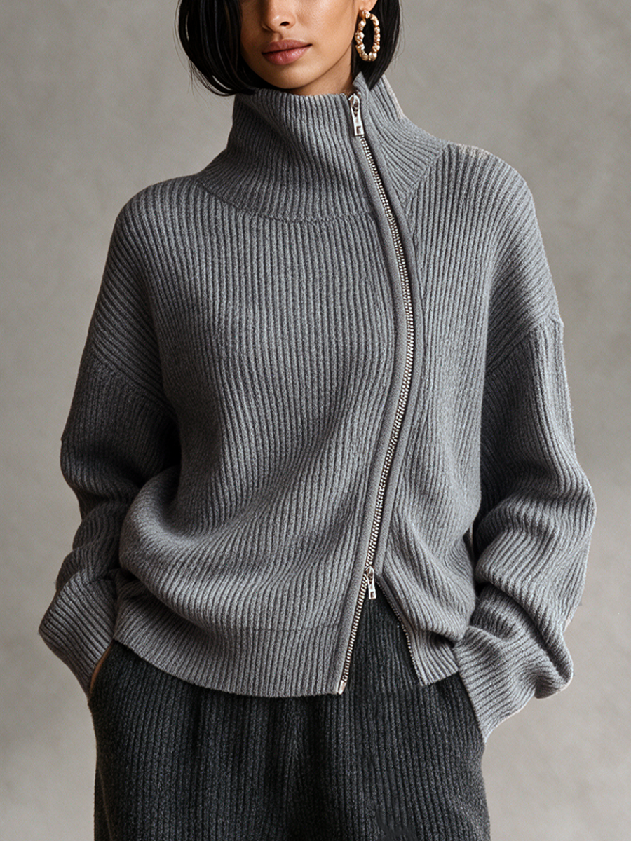 Women's Grey Diagonal‑Zip Funnel Neck Knit Sweater MDZ0365I7R