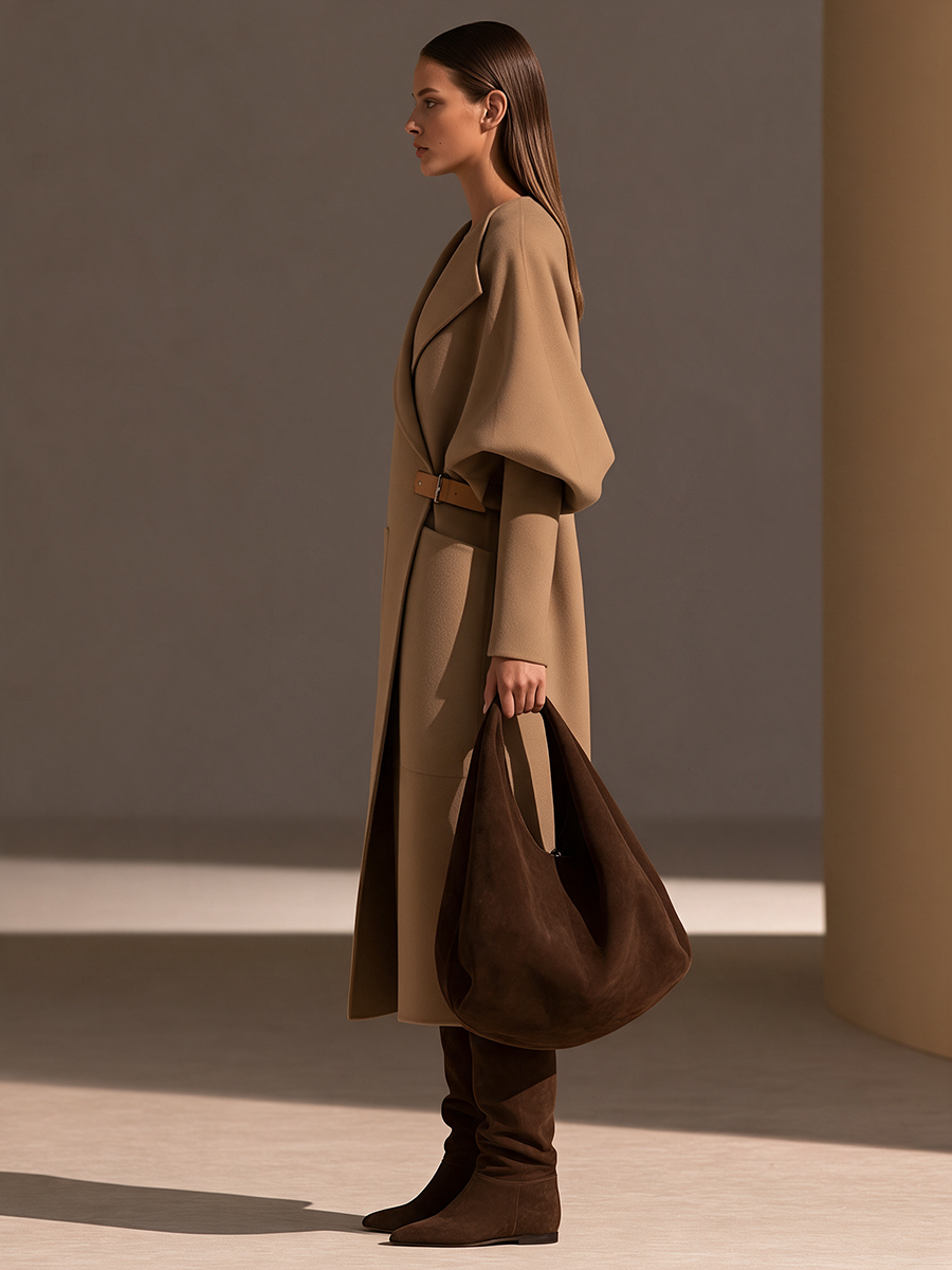 Women's Oversized-Lapel Cocoon Puff-Sleeve Leather-Buckle Belted Patch-Pocket Longline Wool Coat