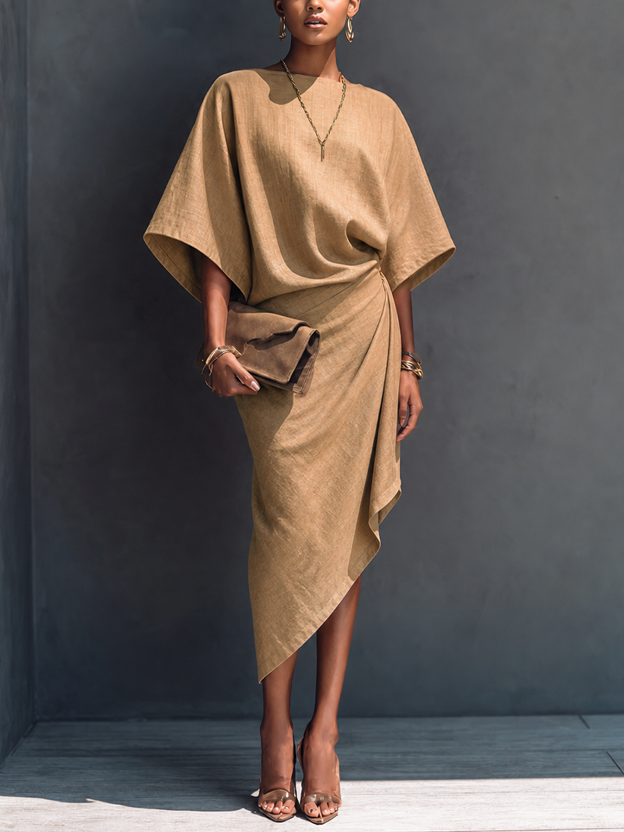 Women's Modern Minimalist Khaki Linen Blend Draped Asymmetric Short Sleeve Midi Dress MDZ0344G8GMJ