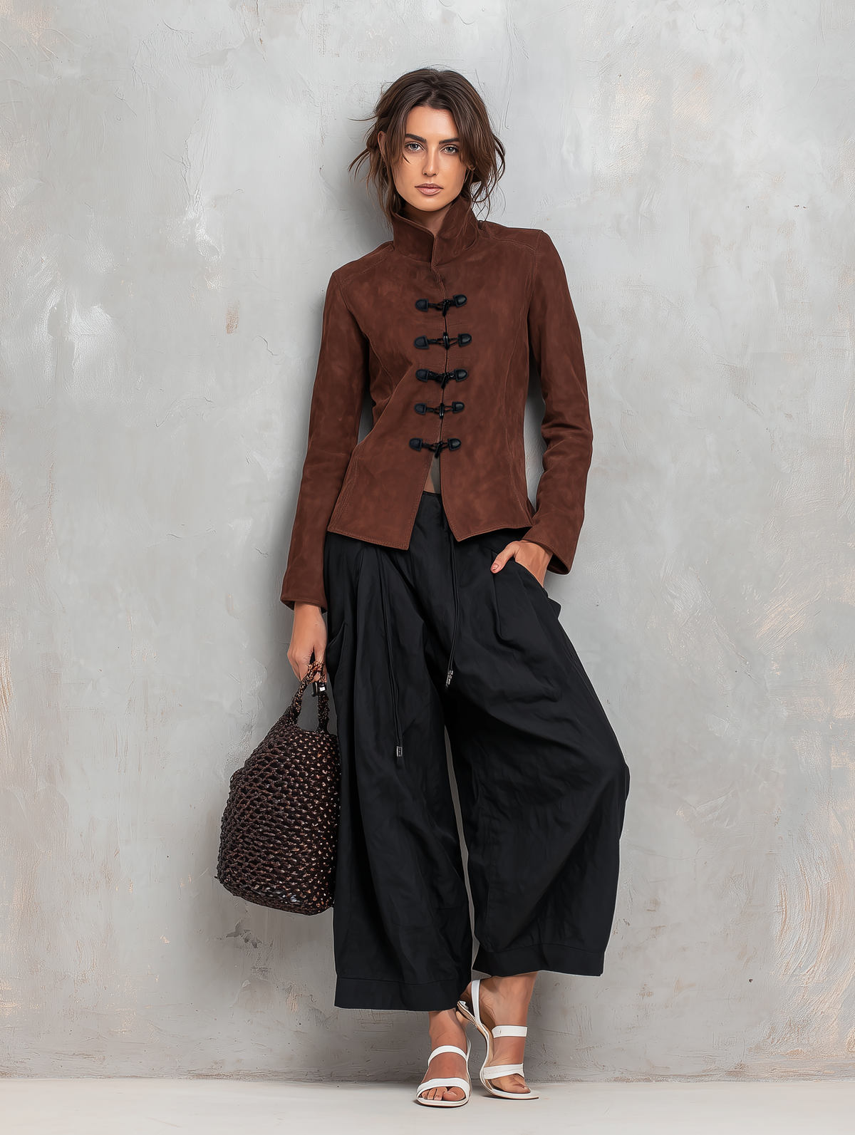 Women's Casual Black Woven Cropped Trousers MDZ2934G5LXY