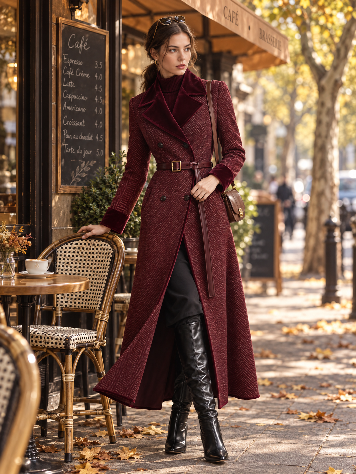 Women's Herringbone Cotton Blend Maxi Coat With Velvet Trim & Belt