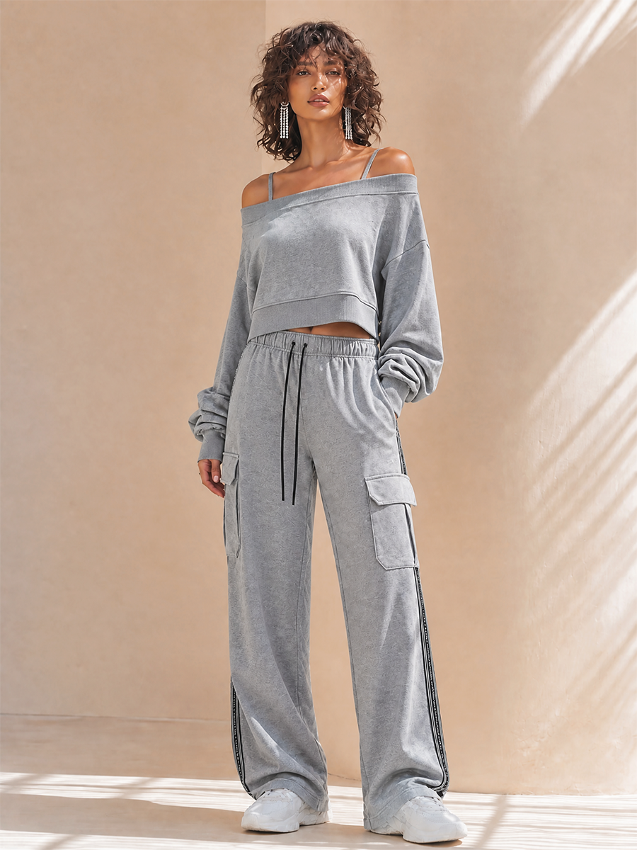 Women's Casual Off-Shoulder Cami Dropped-Shoulder Long-Sleeve Cropped Sweatshirt & Drawstring Cargo Wide-Leg Trouser Set MDZ2080H0CMX
