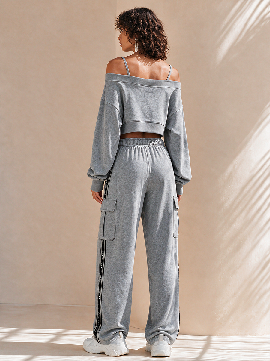 Women's Casual Off-Shoulder Cami Dropped-Shoulder Long-Sleeve Cropped Sweatshirt & Drawstring Cargo Wide-Leg Trouser Set MDZ2080H0CMX