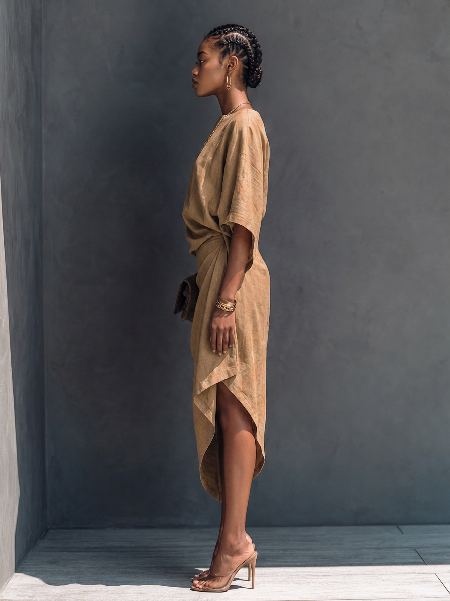 Women's Modern Minimalist Khaki Linen Blend Draped Asymmetric Short Sleeve Midi Dress MDZ0344G8GMJ