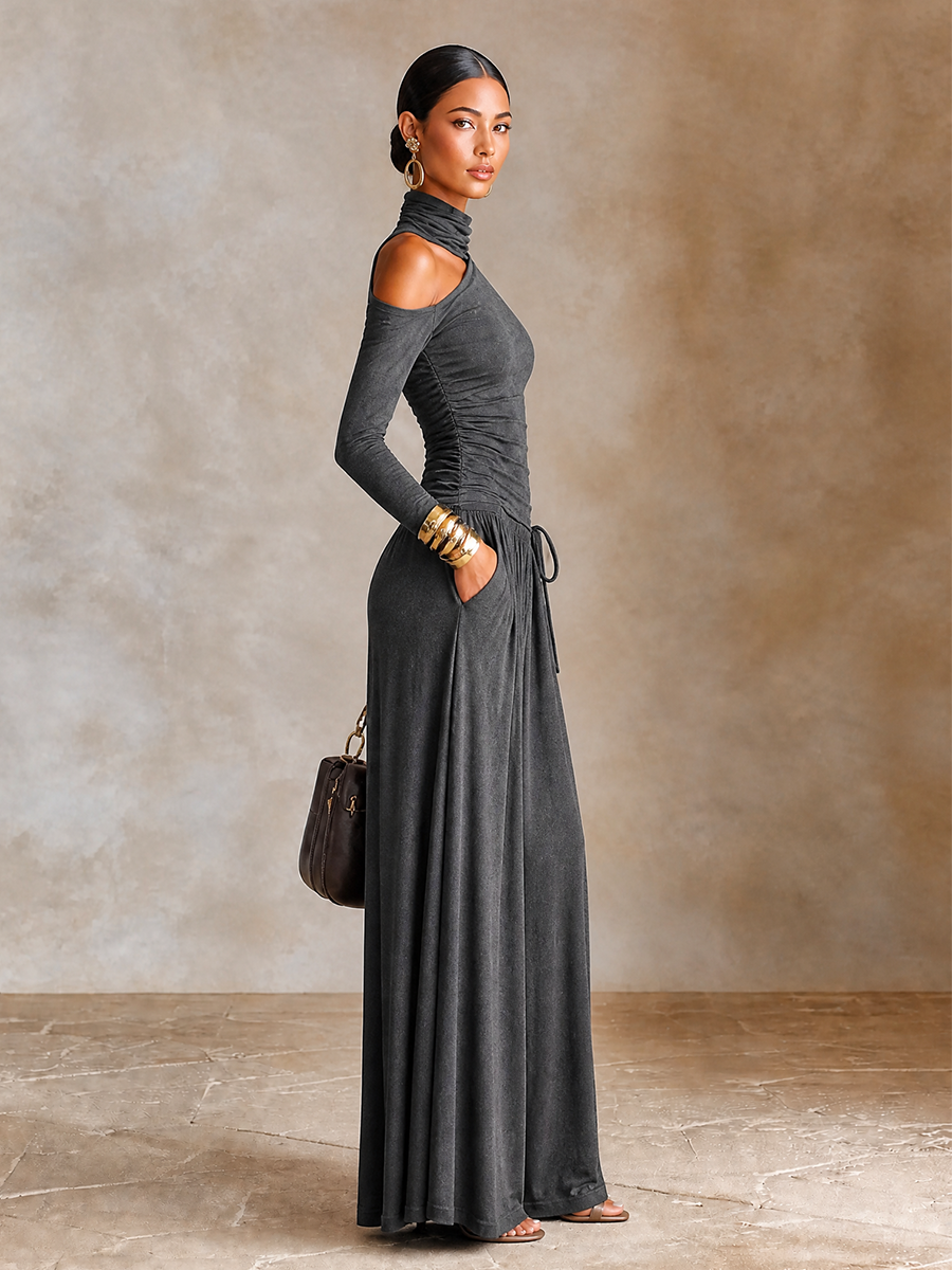 Women's Asymmetric Off‑Shoulder Long Sleeve Vacation Maxi Dress MDZ1183H4LYL
