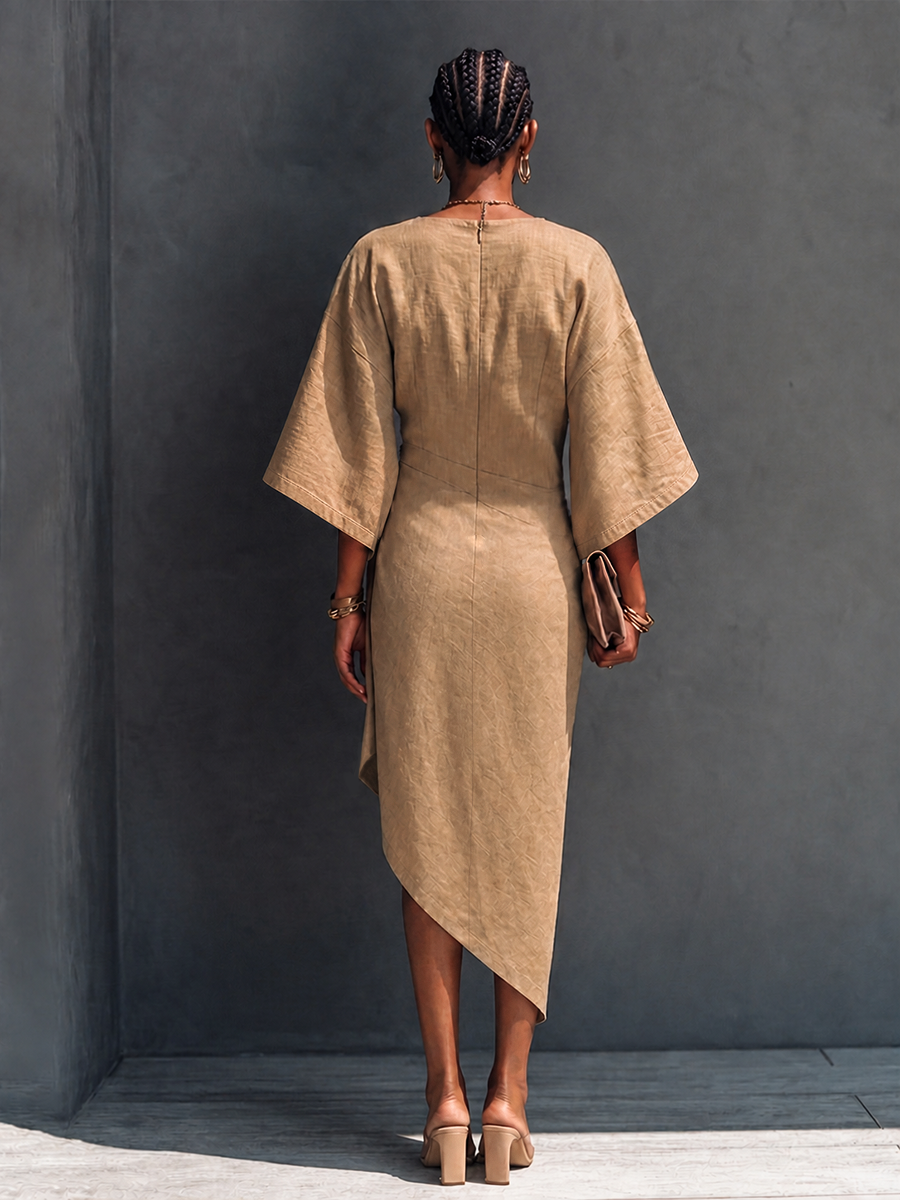 Women's Modern Minimalist Khaki Linen Blend Draped Asymmetric Short Sleeve Midi Dress MDZ0344G8GMJ