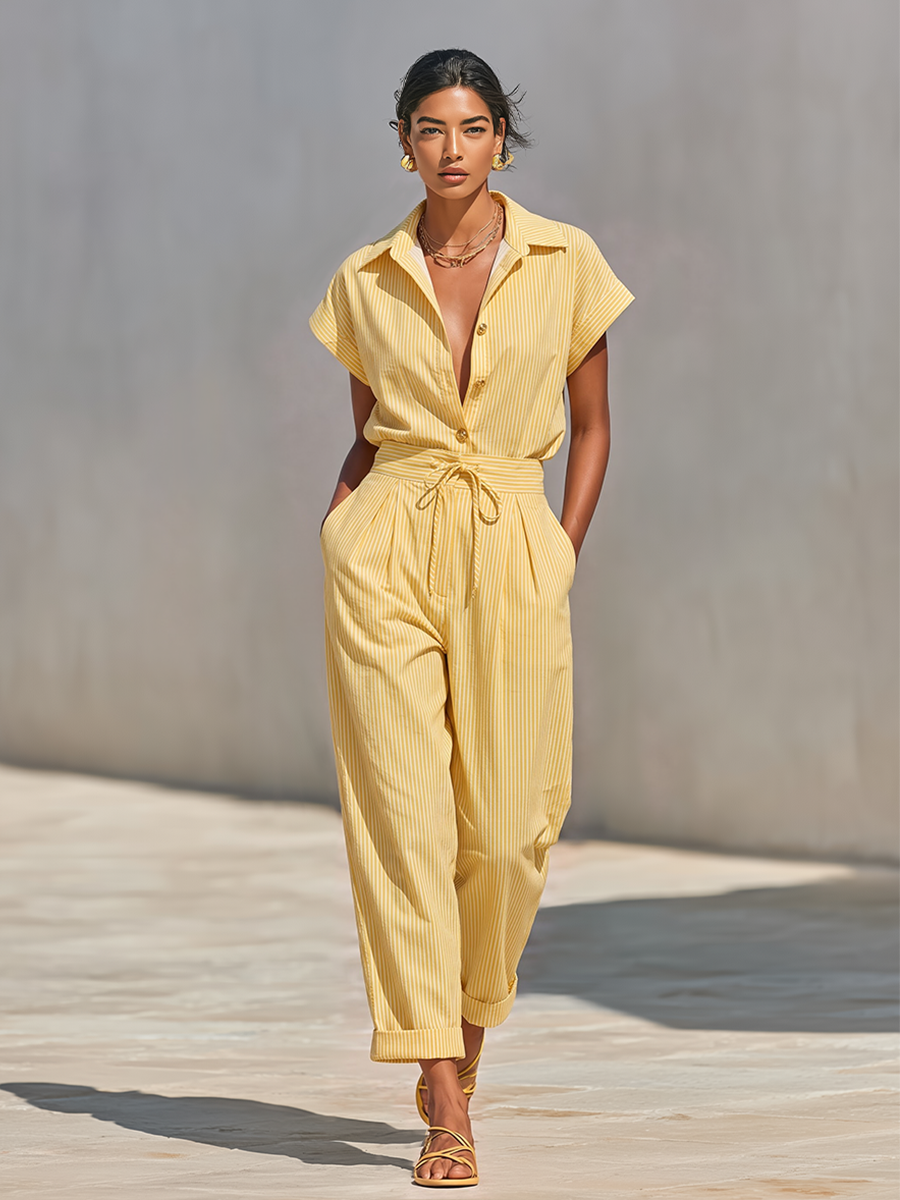 Women's Lemon Vertical Stripe Textured Co-Ord With Front Button Blouse & Side Pocket Tapered Trousers, Effortless-Chic Beach Casual Outfit MDZ2203F4LYL