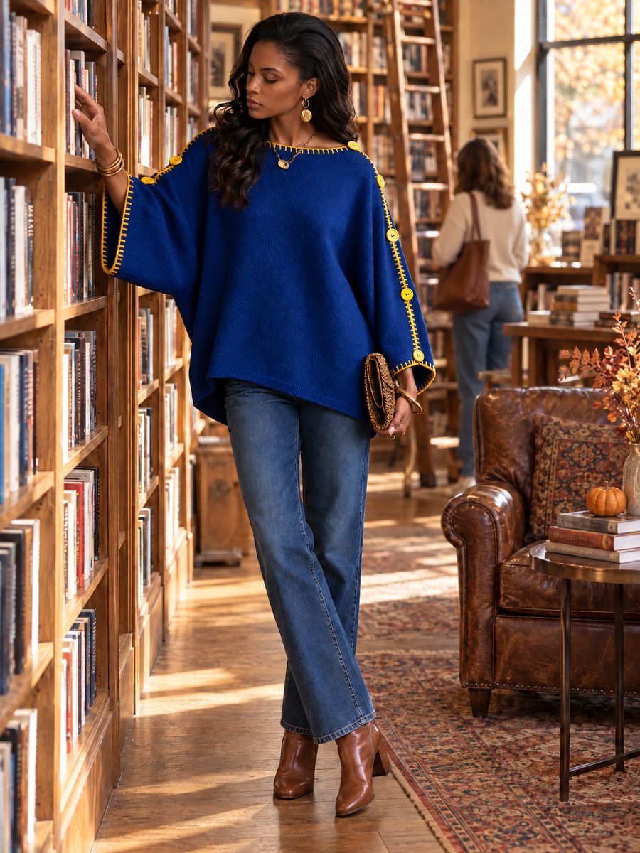 Women's Contrast Stitch Button Casual Long Sleeve Sweater