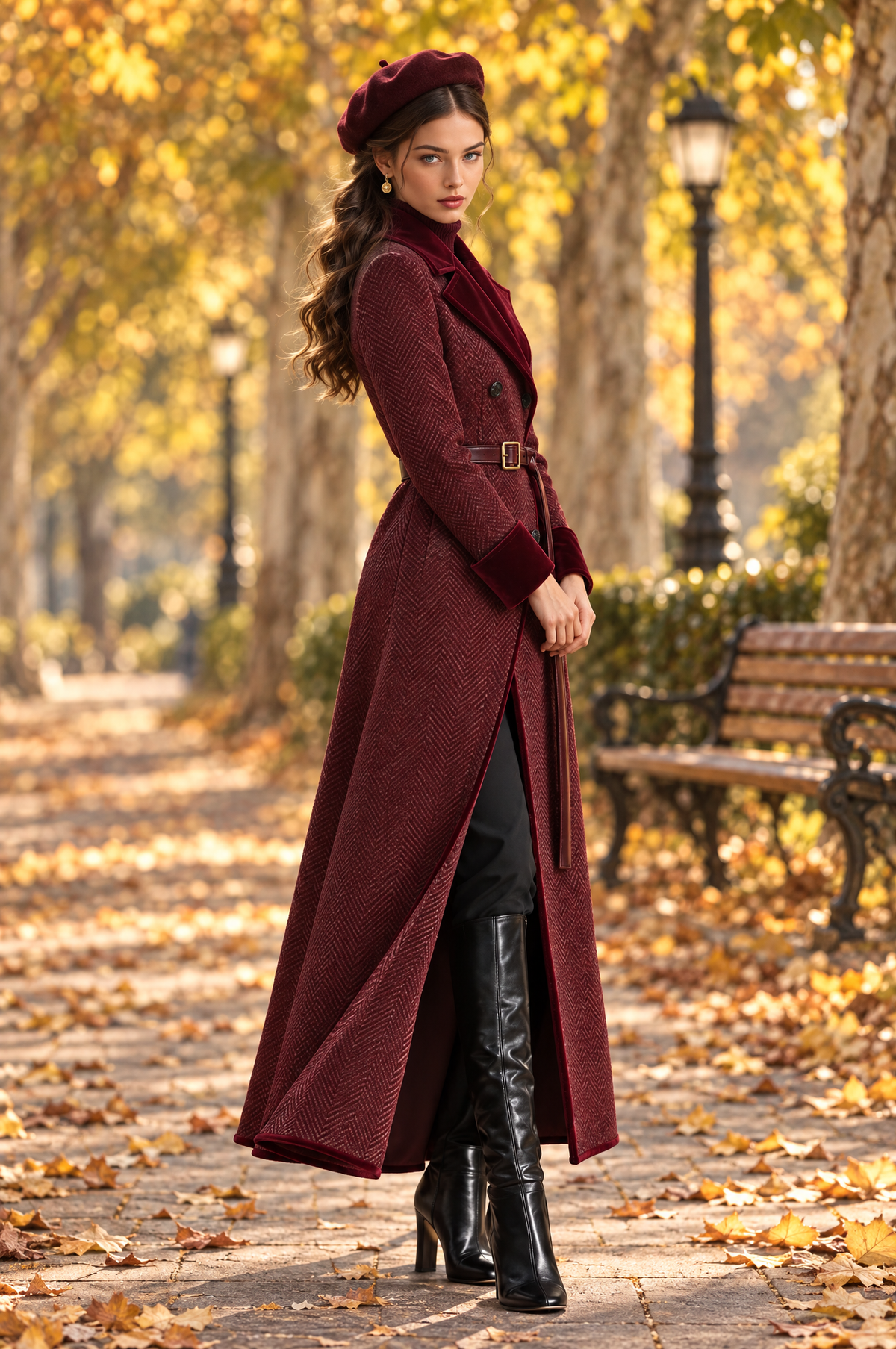 Women's Herringbone Cotton Blend Maxi Coat With Velvet Trim & Belt