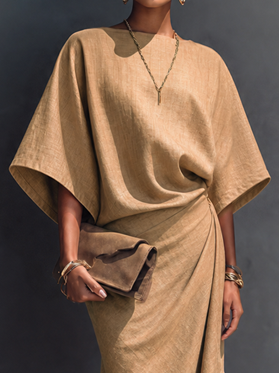 Women's Modern Minimalist Khaki Linen Blend Draped Asymmetric Short Sleeve Midi Dress MDZ0344G8GMJ